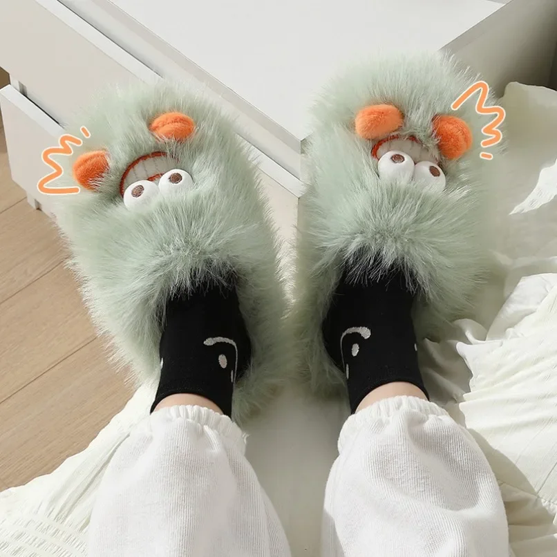 House Slipper Women Winter Warm Little Monster Cute Funny Home Fuzzy Plush Indoor Floor Non Slip Men Male Shoes Female Footwear