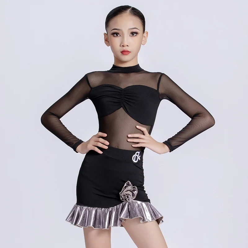 Falda superior negra de manga larga con perspectiva de malla, vestido de baile latino, trajes de práctica de baile Chacha Rumba, trajes de actuación DQL11524