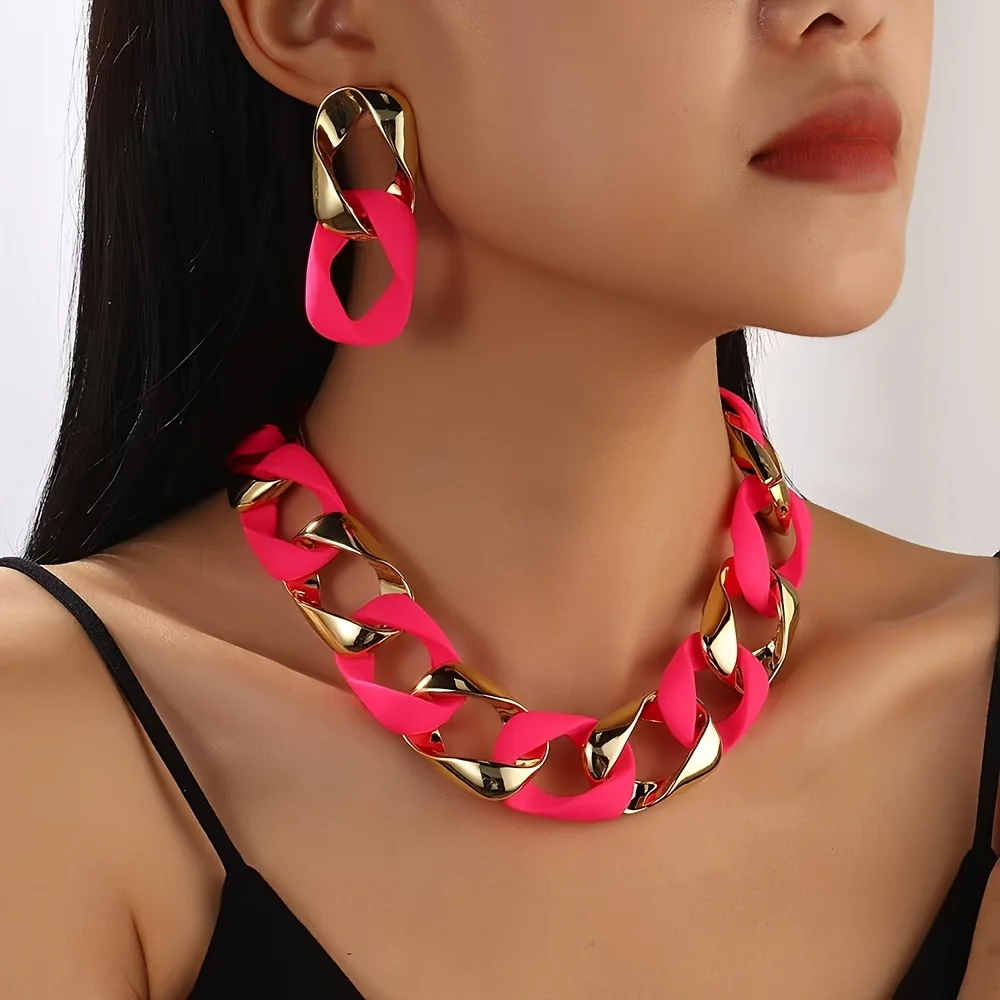 

2pcs 2025 New Fashion Geometric Acrylic Twisted Splicing Earring Necklace Set for Women's Party Gift
