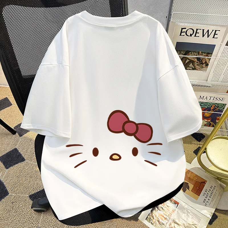 

Cartoon Hello Kitty Printed White T-shirt Trendy Brand American Loose Casual Cotton Short-sleeved Top Summer Sleep Wear