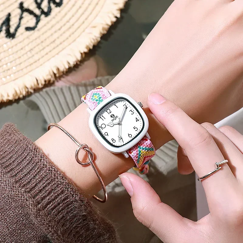 Ladies Ethnic Style Square Watch Knitted Strap Exquisite Bohemian Birthday Gift Style Woven Watches Reloj Mujer Girl Gift