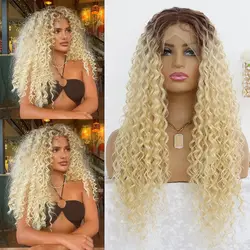 Ombre 613 Bleach Blonde Deep Curly Lace Front Wig Synthetic Hair Glueless Long Curly Blonde 13x4 Lace Front Wigs Pre Plucked