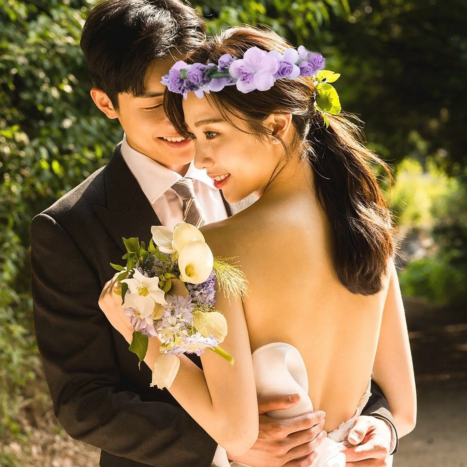 

Purple Floral Rose Wreath Hairband and Matching Flower Wristband Set for Holiday Vacation Party Festival Cosplay Accessory