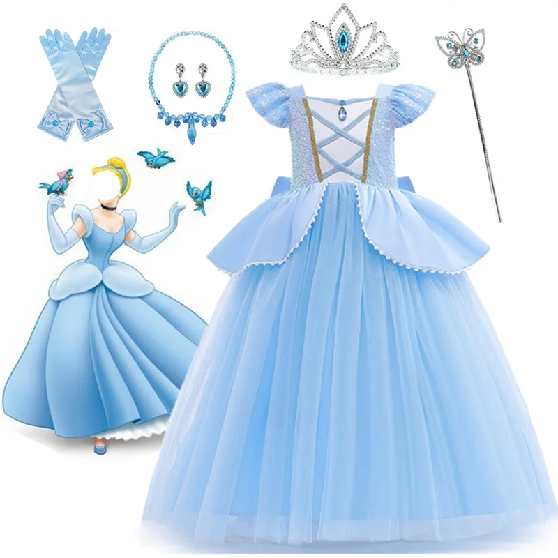 2024 New Cinderella Costume for Girls Halloween Easter Disguise Kids Cosplay Princess Dress Baby Birthday Party Sequin Mesh Gown