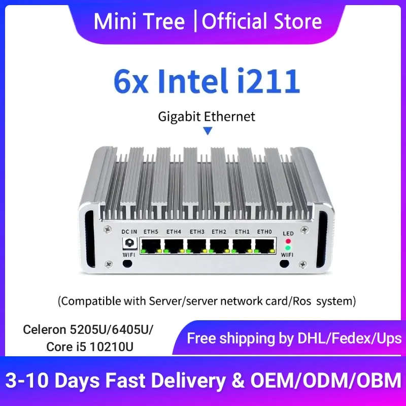 6x Intel i211 LAN Mini Firewall PC Celeron 5305U Core I3-7100U 10110U Linux Windows Low Power Industrial Fanless Box Computer