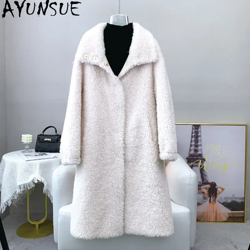 

AYUNSUE 100% Sheep Shearing Jacket Women Mid-length Wool Jacket Fur Coat Women Casual Fur Coats Stand Collar Abrigos Mujer SGG