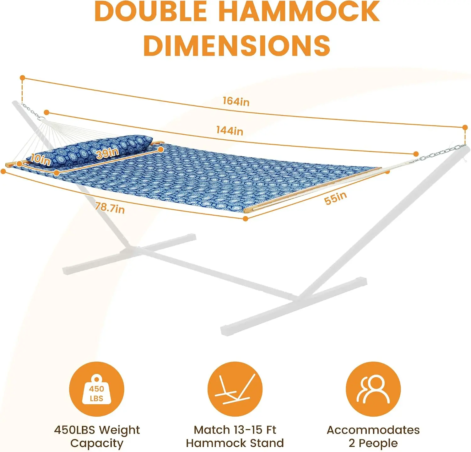 12FT Double Quilted Outdoor Hammock with Pillow, Blue Floral Pattern