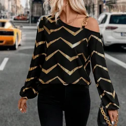 Sexy Off Shoulder Women Tops And Blouses Bronzing Chain Strap Top Design Long Sleeve Casual Blouse Fashion Shirts Autumn Shirts