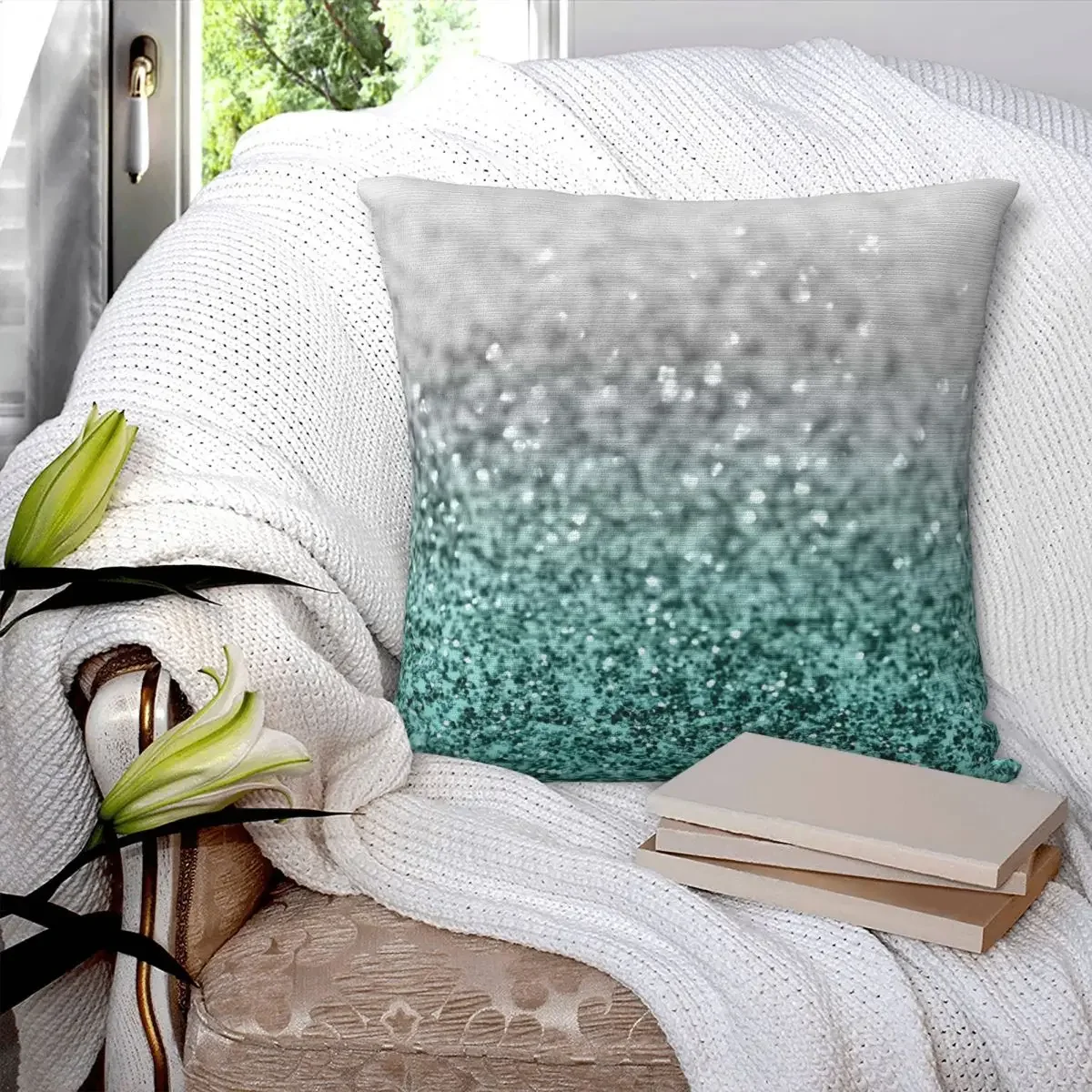 Silver Teal Ocean Glitter Glam Pillowcase Polyester Pillows Cover Cushion Comfort Throw Pillow Sofa Decorative Cushions Used