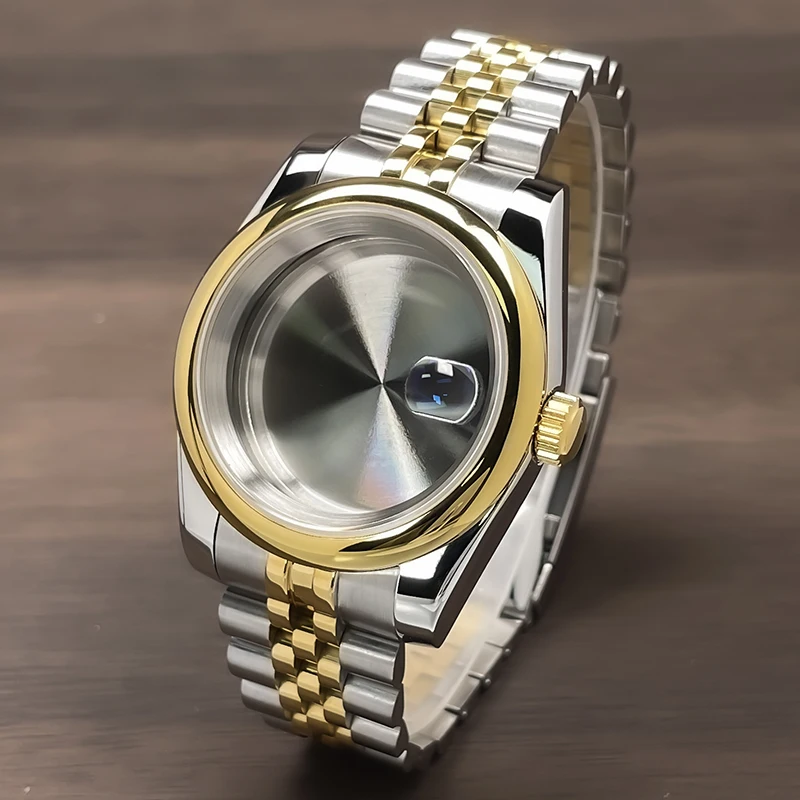 39mm NH35 Case Fluted Bezel DJ 2Tone Gold Sapphire Glass Modification Parts Fit NH35 NH36 Movement Stainless Steel Watch Case image 3