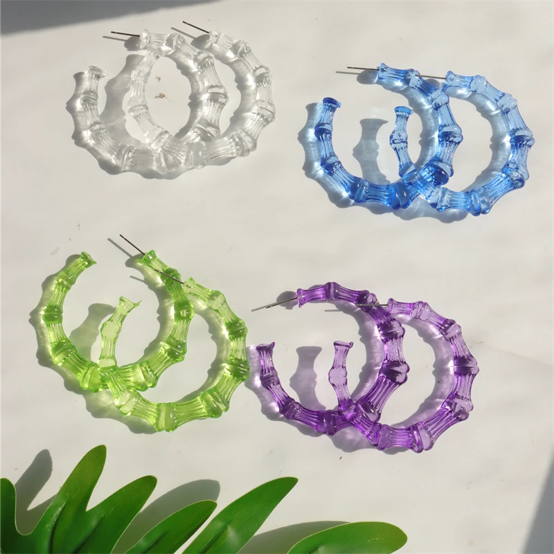 HUANZHI 2023 New Colorful Transparent Resin Round Earrings Geometric Bamboo Acrylic Circle Big Hoop Earrings for Women Jewelry