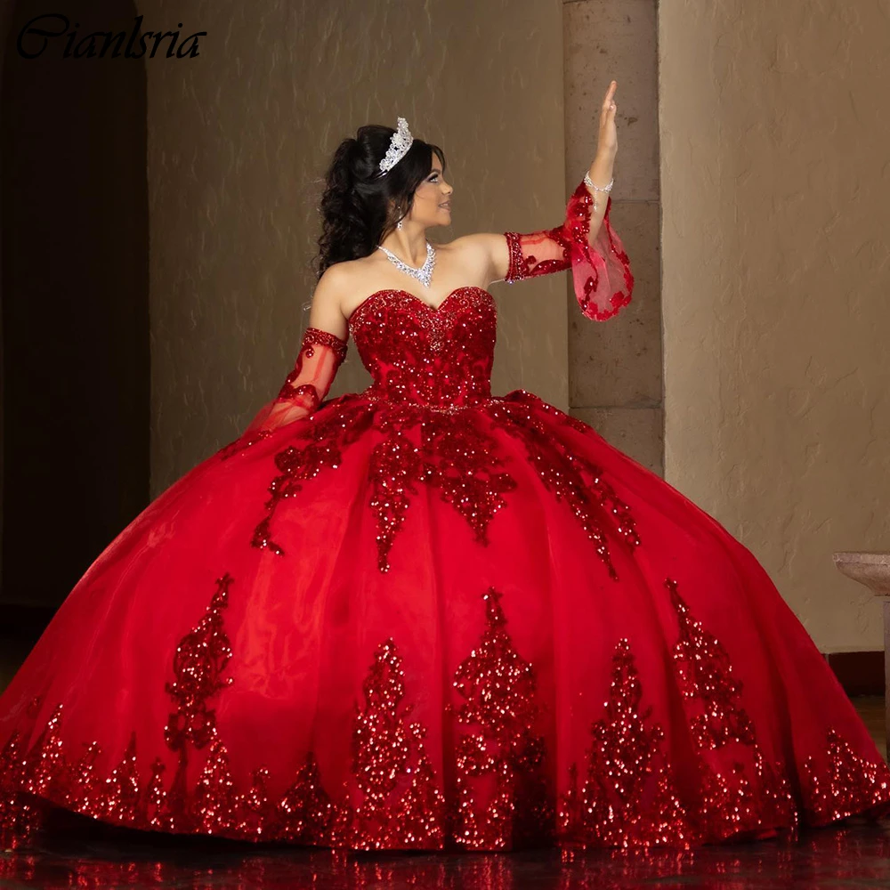 Gaun pesta lengan ruffle dapat dilepas merah gaun Quinceanera korset renda applique berpayet Vestidos De 15 a00os