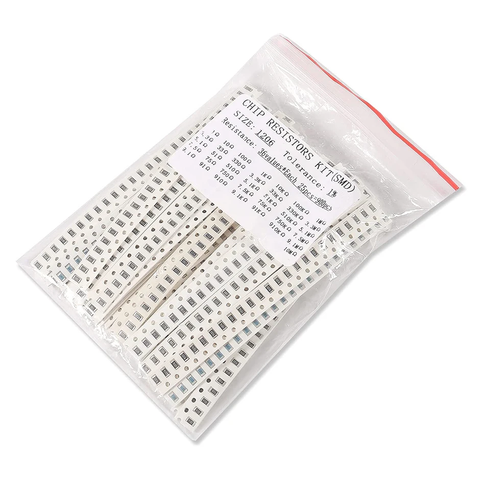 

1206 SMD Chip Fixed Resistor Kit 1% 1/4W 0.25W 1ohm -10M ohm 36 Value 25pcs Each Total 900pcs Chip Resistor Assorted Samples kit