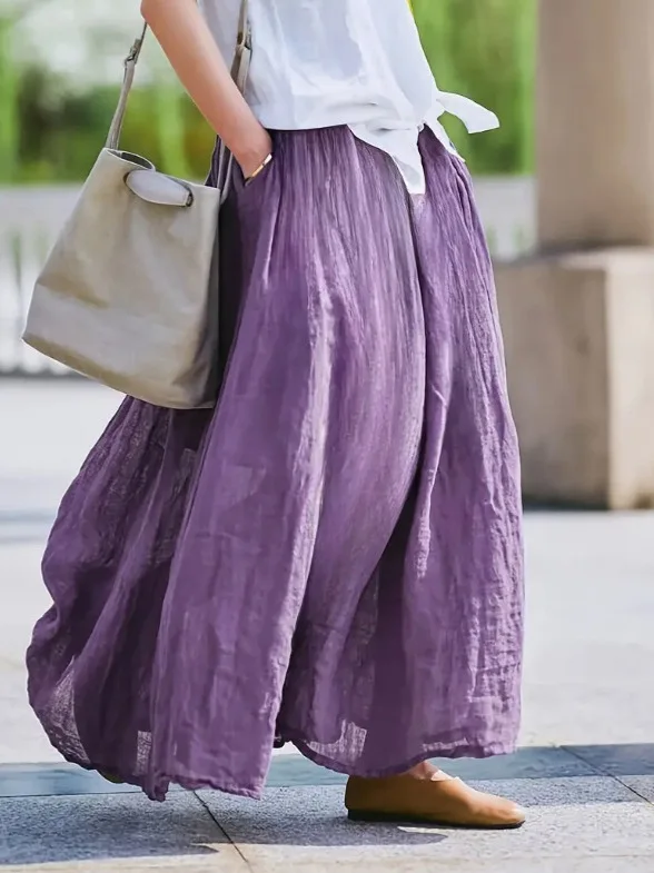 Women Casual Linen Maxi Skirt Elastic High Waist Big Swing Skirt with Pockets Bohemian Long Skirt for Summer Daily Use