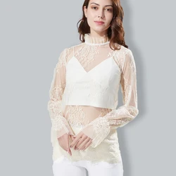 2024 autumn New Fashion Women's Lace Top Crochet Cut-out Bottoming Pullover Long Sleeve Stand-Collar Gauze Pullover