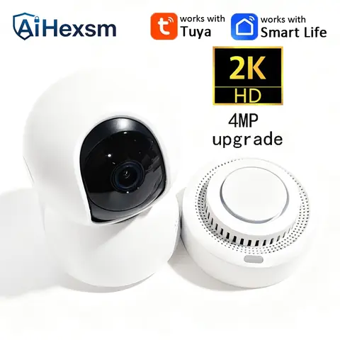 Tuya 85DB WiFi Smoke Detector Sensor Wireless Fire Alarm 4MP 400W WiFi Camera Automatic Tracking Night Vision Remote APP Control