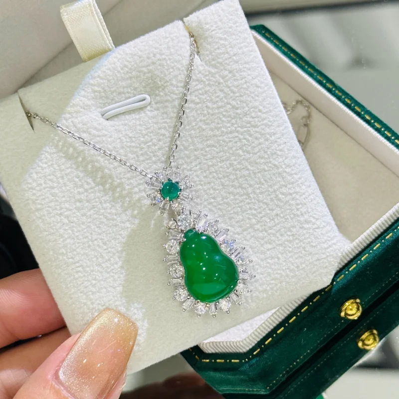 S925Silver Chalcedony Gourd Ice-like New Chinese Style Green Necklace Yang Emerald Seiko High-Grade Clavicle Chain