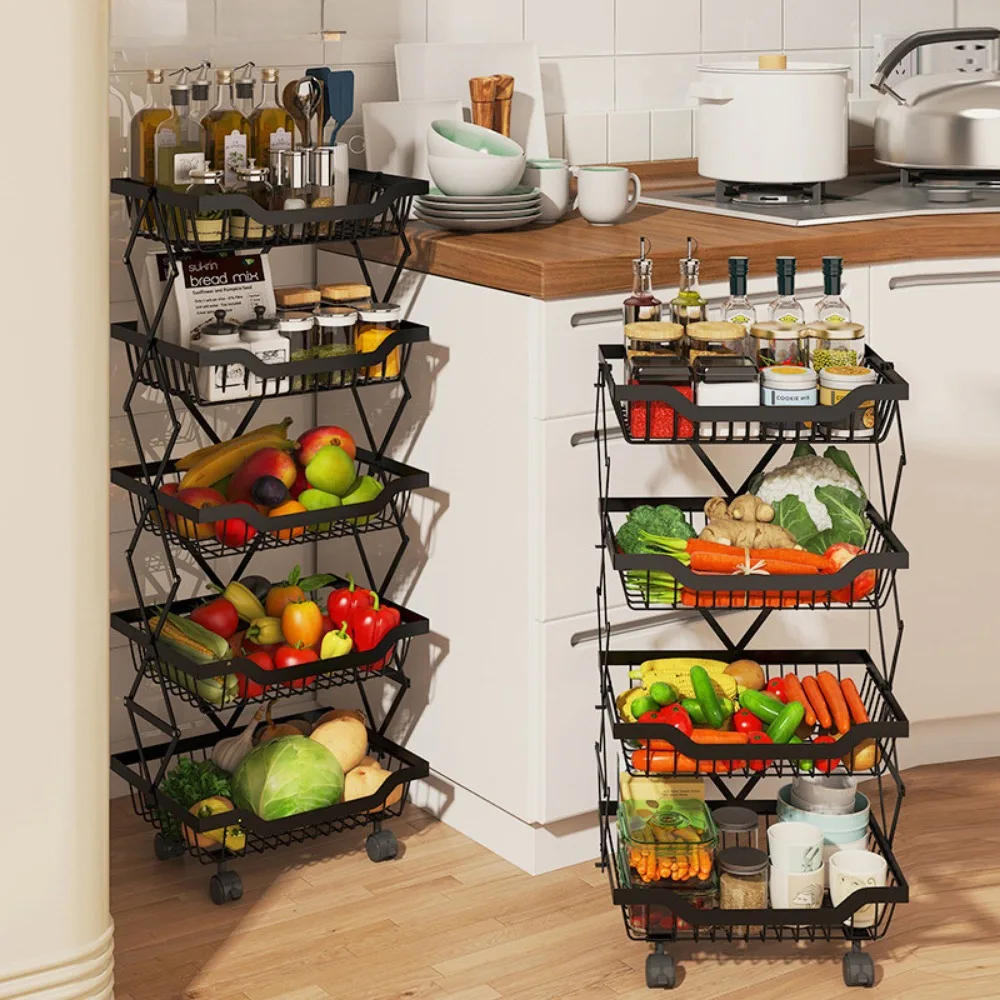 Fruit and Vegetable Basket for Kitchen Movable Multi-layer Vegetable Storage Rack Folding Racks Trolley Cart Movable Organier