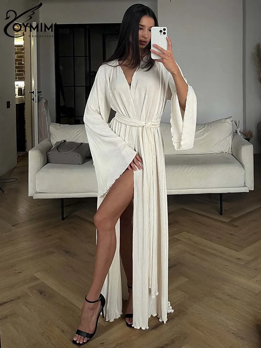 Oymimi Fashion White V-Neck Womens Dresses Elegant Long Sleeve Lace-Up Solid Dresses Casual Straight Floor-Length Dress Female