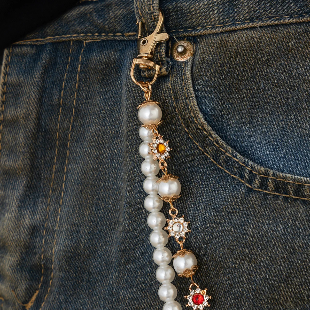 Multi Layer Imitation Pearl Pants Chain Gothic Cross Star Waist Chain Y2K Hip Hop Jean Wallet Chain Men Women Streetwear Jewelry