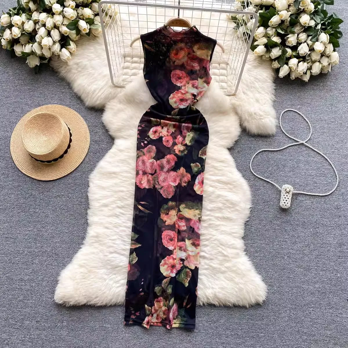 

Vintage Floral Print Sheath Dress Women Summer Sleeveless Long Mesh Strech Dresses Party Sexy Vestido