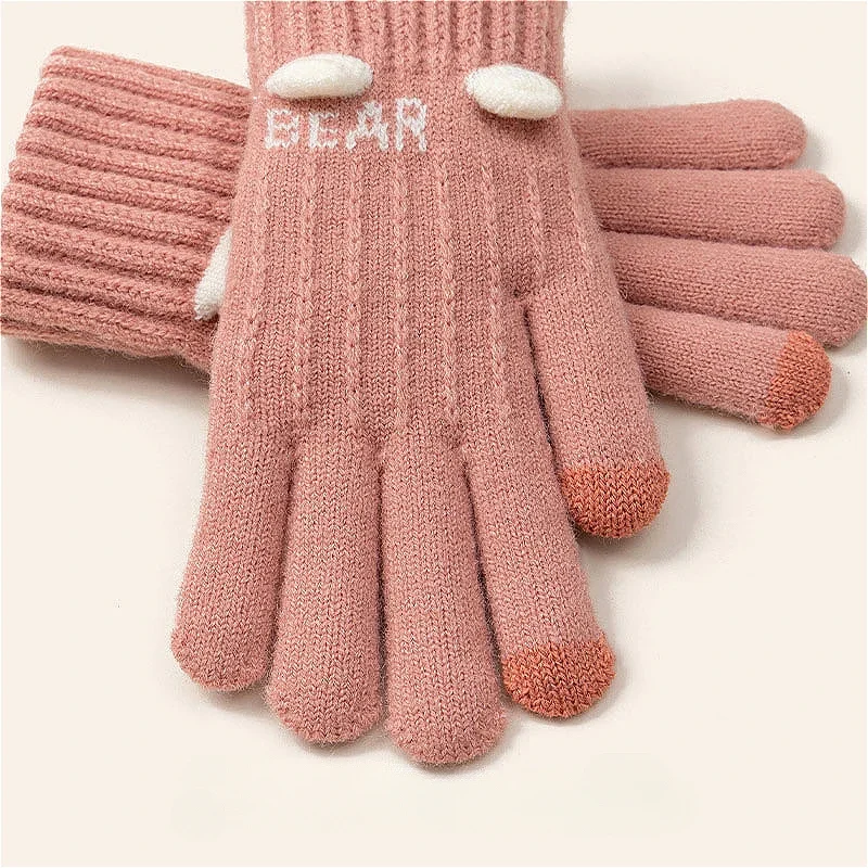 Motorbike Knitted Warm Gloves Women Winter Padded Thickened Coldproof Cute Riding Touch Screen Woolen Gloves