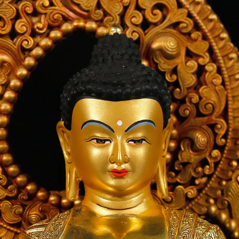 10inch Tibetan-style fully gilded copper Buddha statue with decorative carving halo, suitable for home worship and Buddhist