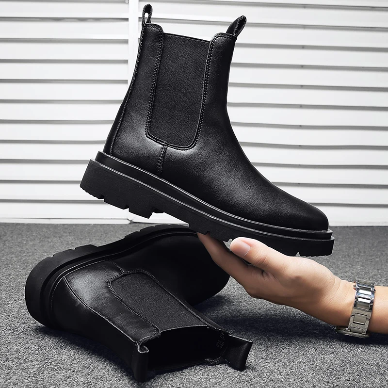 Men's British Style Chelsea Boots New Winter High Top Casual Slim Ankle Boots Fleece Lined Warm Outdoor Boots