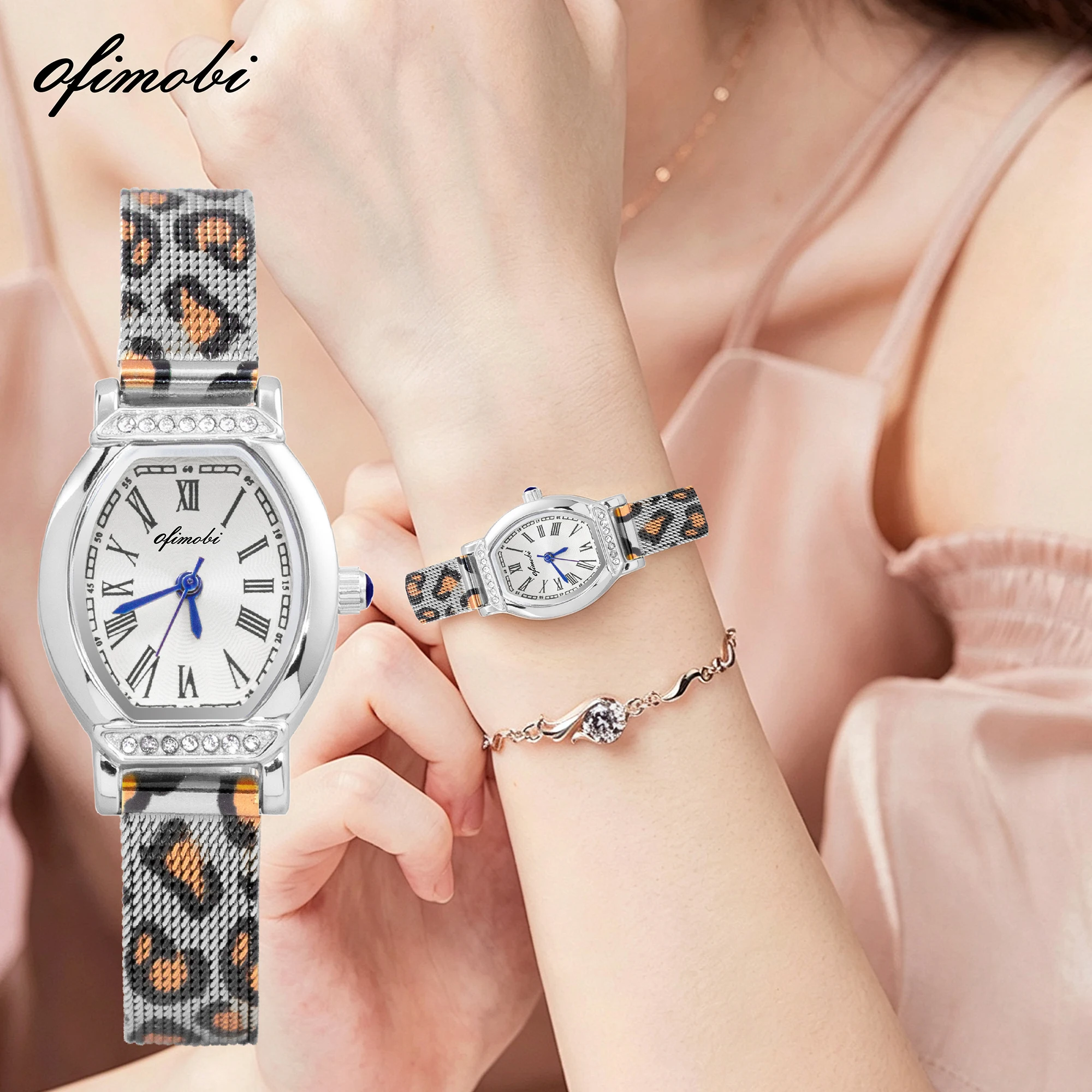 OFIMOBI Women Quartz Watch Leopard-print Milanese strap Roman Numeral Crystal Decor Small Dial Daily Water Resistant Dress Watch