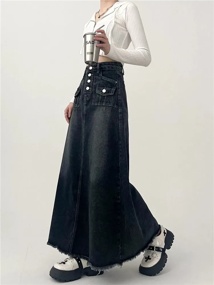 American style Retro Cowboy Skirt High Waist button placket Design pocket frayed floor length A-line long skirt 2026 New