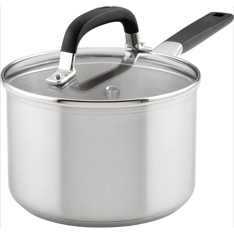 Stainless Steel Saucepan with Measuring Marks and Lid, 2 Quart, Brushed Stainless Steel