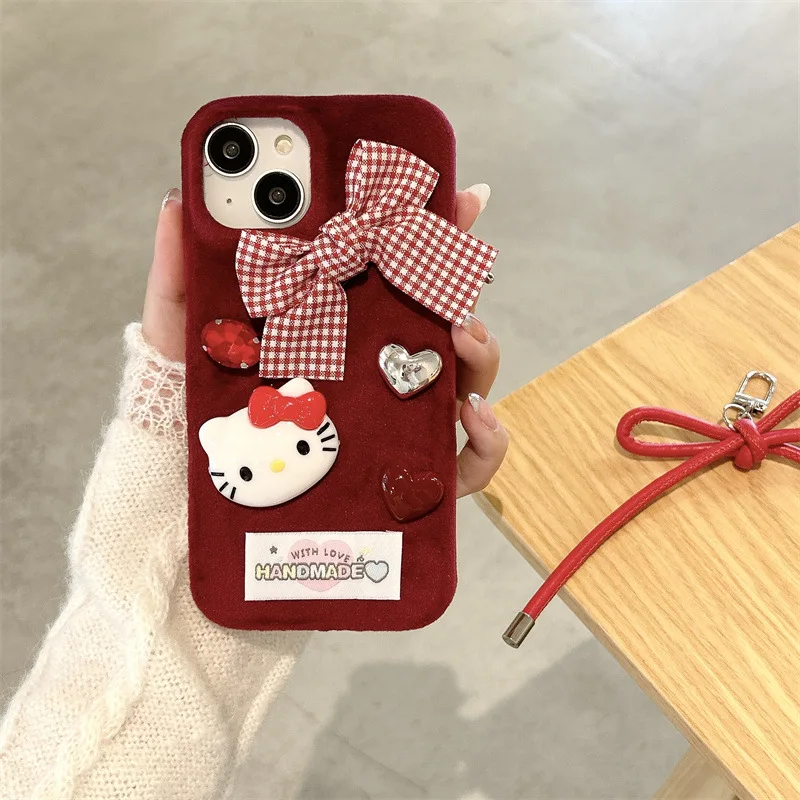 Cute Hello Kitty Plush Bow embroidery Kawaii Phone Case For Iphone 16 15 14 13 Promax Y2k Sweet Girl Phone Protective Cover