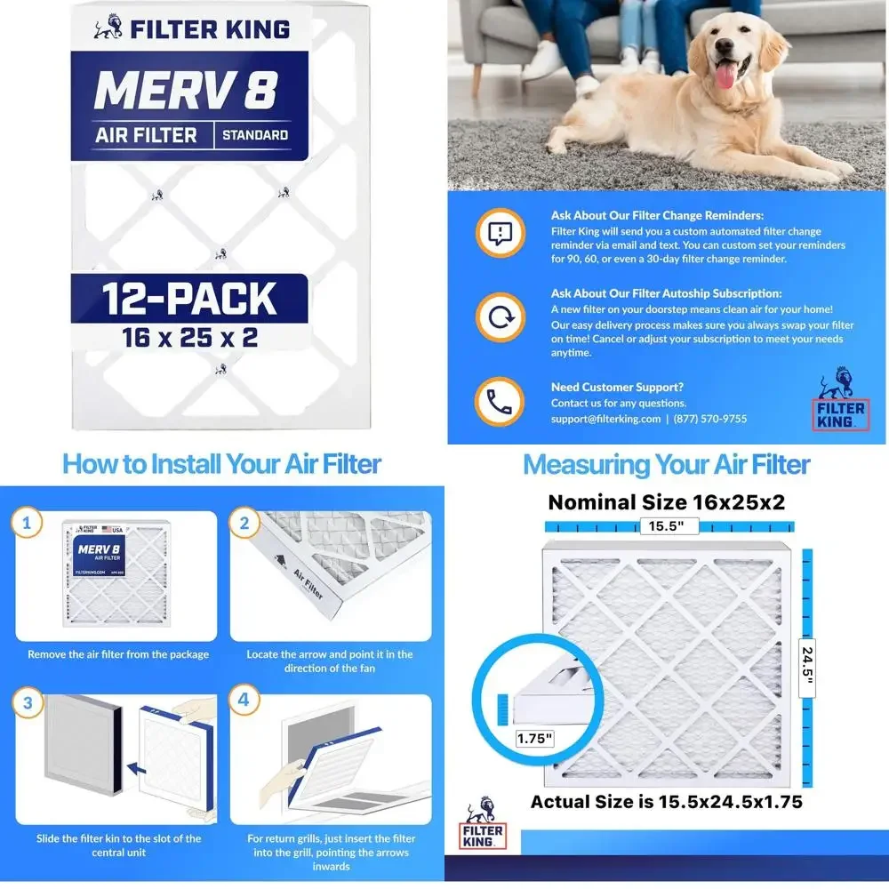 

16x25x2 MERV 8 Air Filters (12-Pack) - Pleated, Electrostatic, Dust & Allergy Control for HVAC Systems, Made in USA