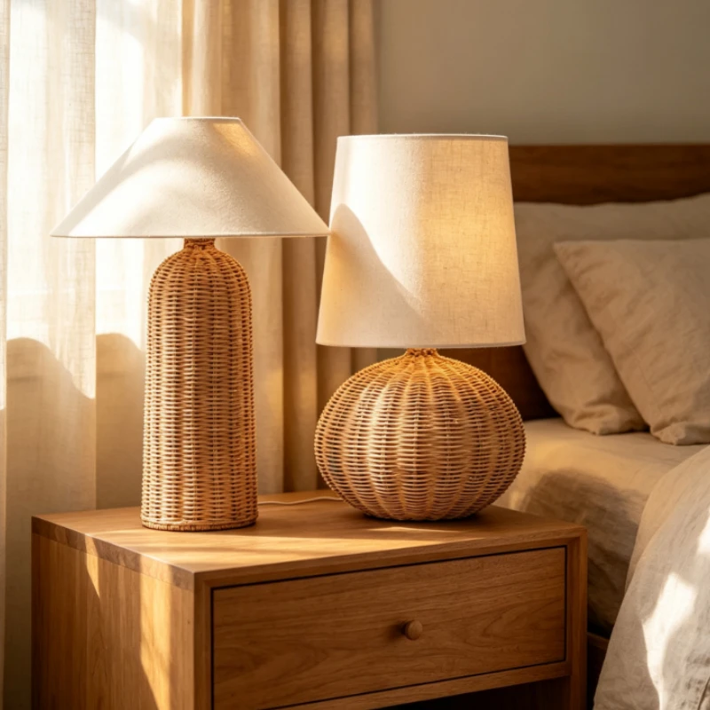 Bedside table lamp retro rattan art homestay decoration atmosphere, study bedroom table lamp, multi-scene application
