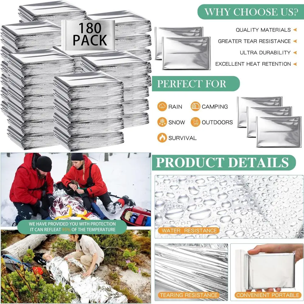 Paquete de 180 mantas térmicas de papel de emergencia, Kit de manta espacial de supervivencia de lámina plateada para exteriores, Camping, senderismo, sin hogar, supervivencia