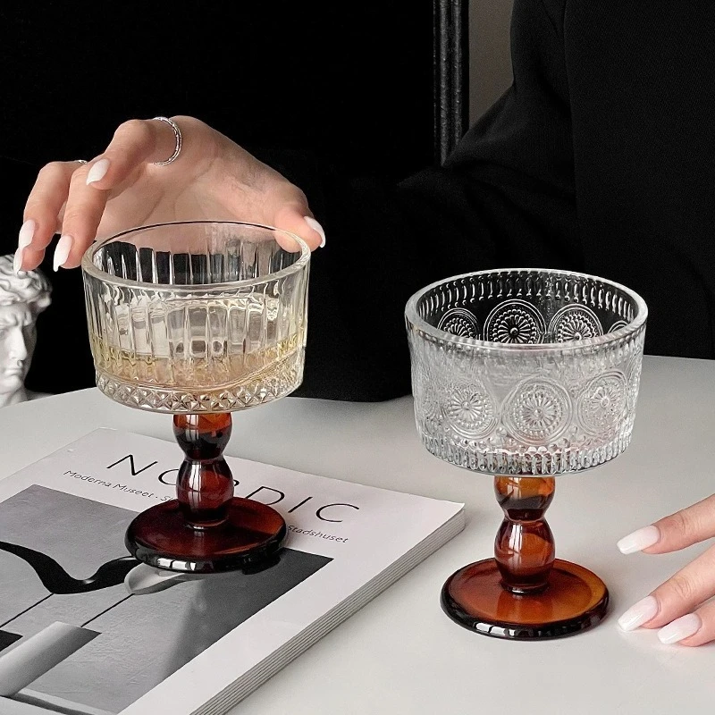 Aesthetic Vintage Glass Footed Cup Dessert/Ice Cream Bowl & Wine Glass Combo, Clear Sturdy Stemware for Daily Use