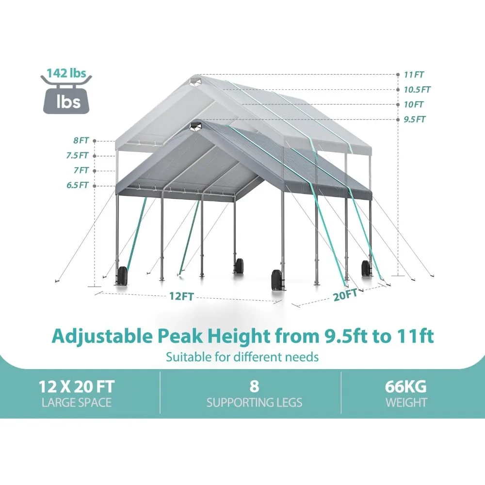 12x20 heavy-duty carport, adjustable peak height from 9.5 feet to 11 feet, with straps, sandbags, wooden stakes, and lights