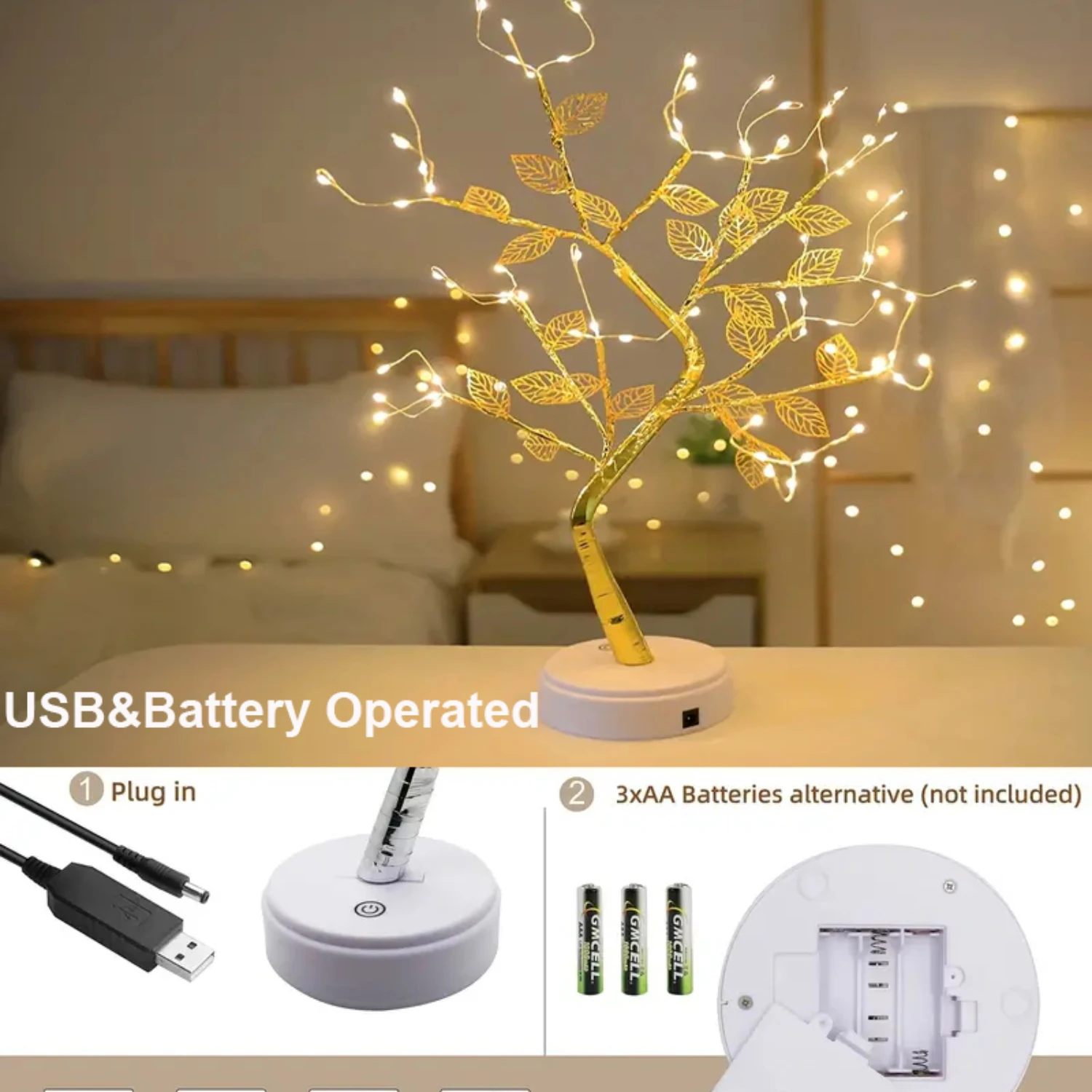 - Elegant Touch Control Golden Leaf LED Copper Wire Night Light Tree for Stunning Christmas Decor - Battery Powered and USB Char