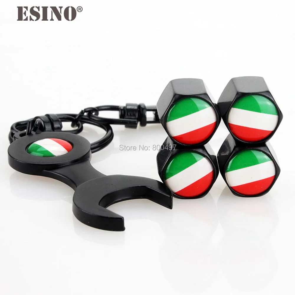 

4 x Car Styling Stainless Steel Zinc Alloy Wheel Tire Valve Stems Caps Italy Flag Universal Fit With Mini Wrench Key Chain