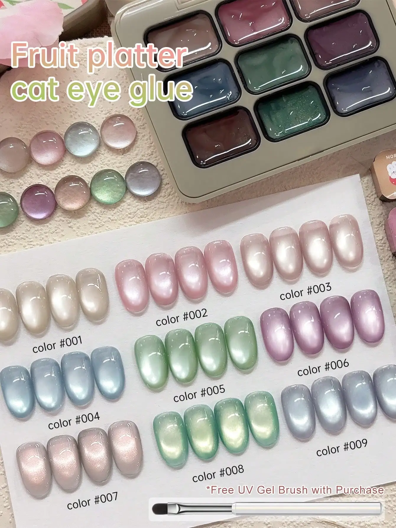 

MORDDA9 Pcs Fruit Platter Cat's Eye Slap Glue Smudging Canned High Saturation Semi-Solid Nail Polish Glue Nail Salon