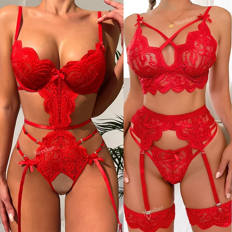 Sexy Lingerie Women Sleepwear Lace Underwear 3pcs Bra Panty Garters Erotic Lingerie Sets Sexy Women's Bra Porno Costumes