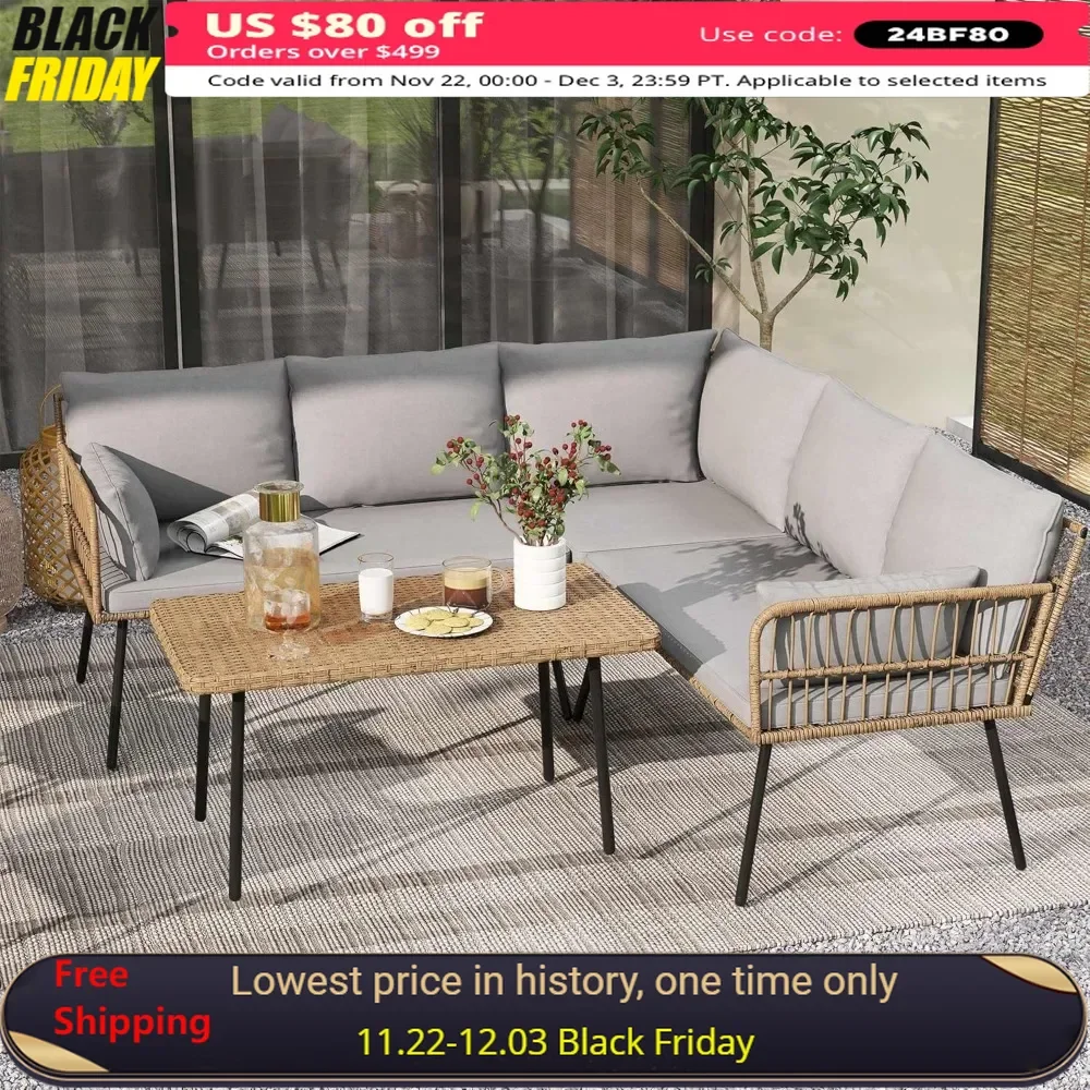 Garden Sofa, Set of 4, Modular L-shaped Sofa with 5 Seats, Removable Chaise Longue with Cushions and Side Table,terrace Sofa Set