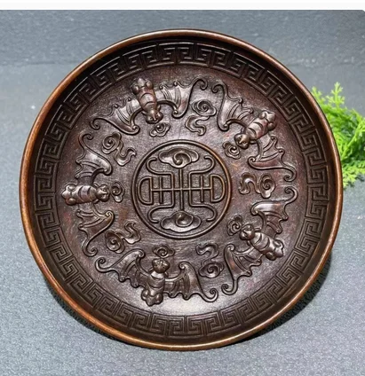 

Antique Collection Five Blessings Longevity Plate bestowed by copper Emperor Qianlong Dynasty Bronze Ware Goods Display Plate