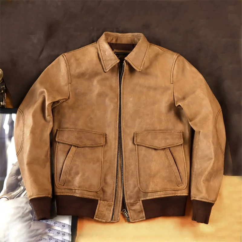 Vintage Brown Autumn A2 Pilot Leather Jacket Men Plus Size 5XL Military Style Natural Cowhide Flight Genuine Leather Coat