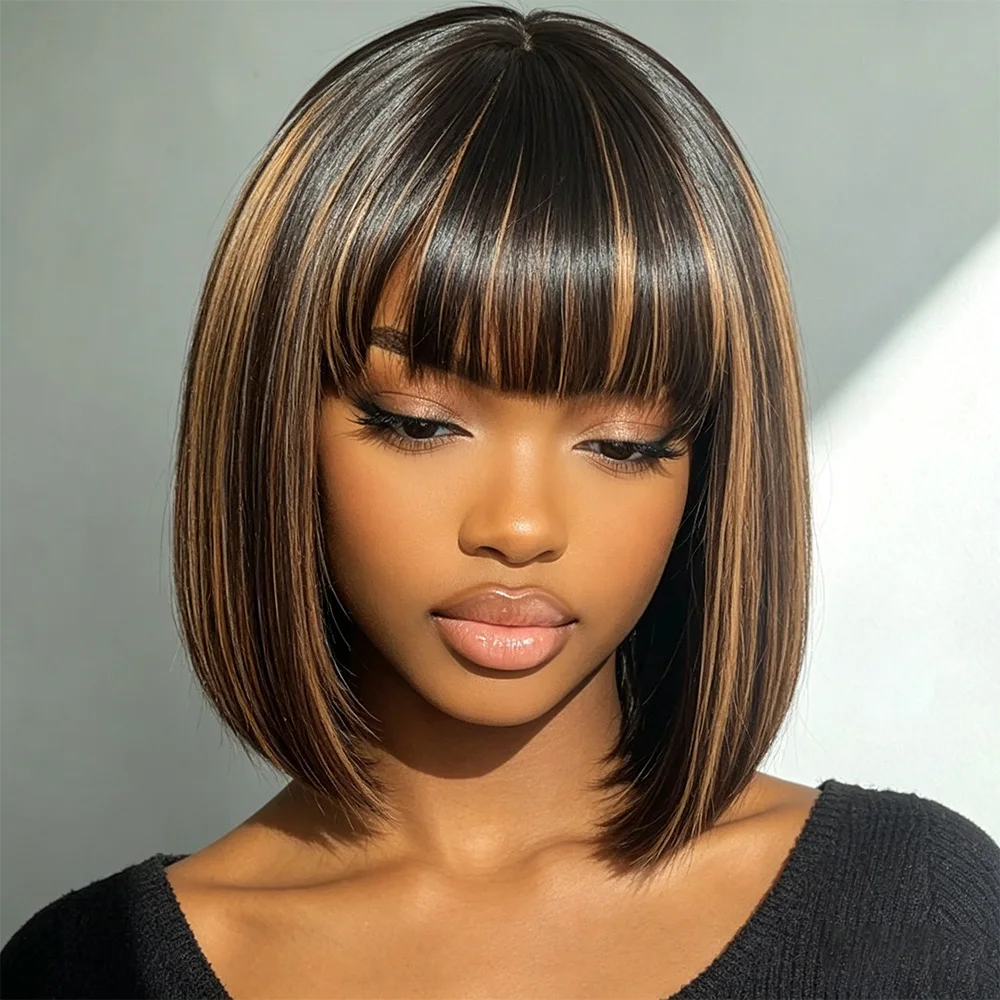 

Женский коричневый парик-каре с челкой, оттенок 1B/30 # Мягкий шелковистый парик-каре средней длины с коричневыми прядями, машинной работы