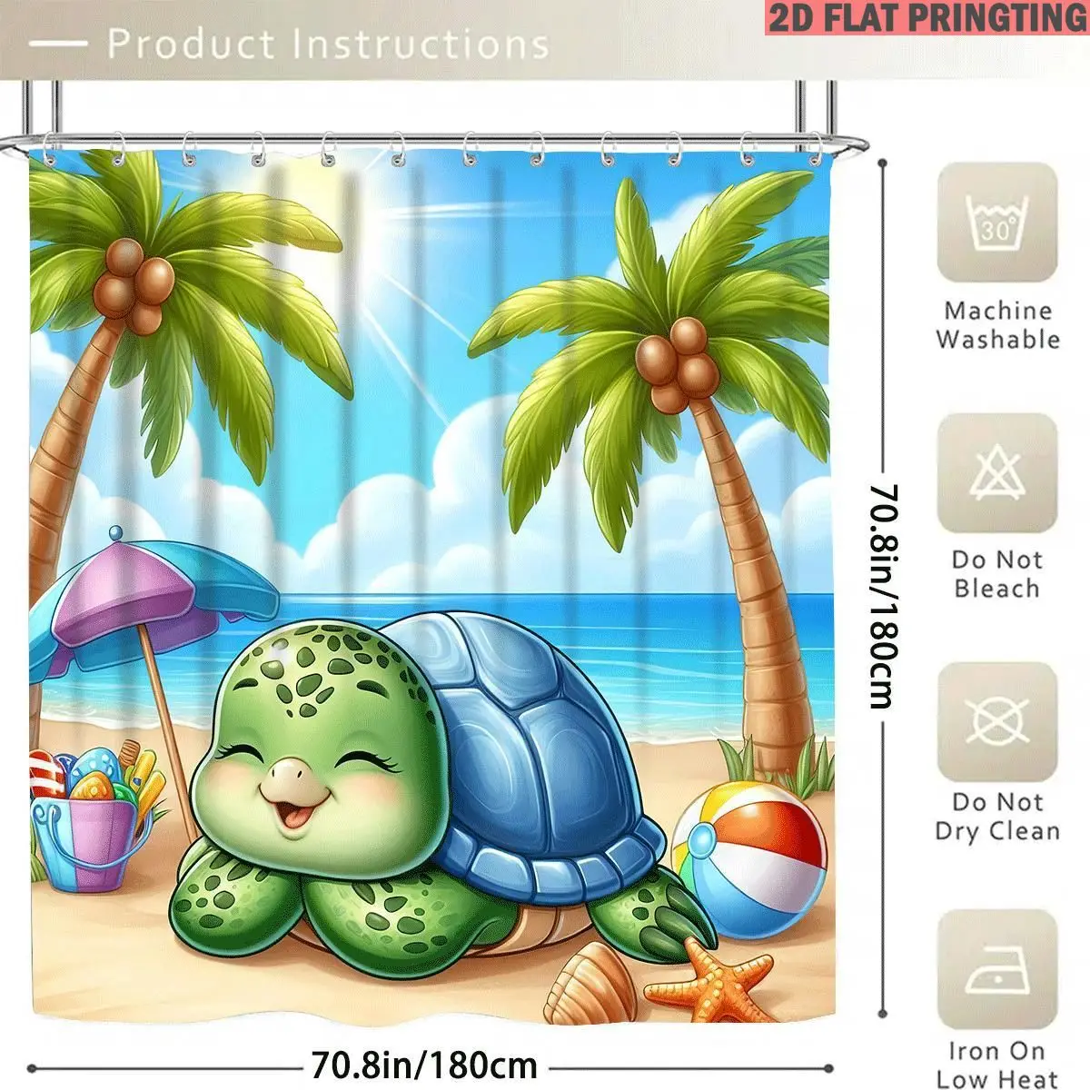 4pcs Shower Curtain and Bath Mat Set with print pattern Turtle Beach Palm Tree Umbrella Starfish Non-Slip Bathroom Decor