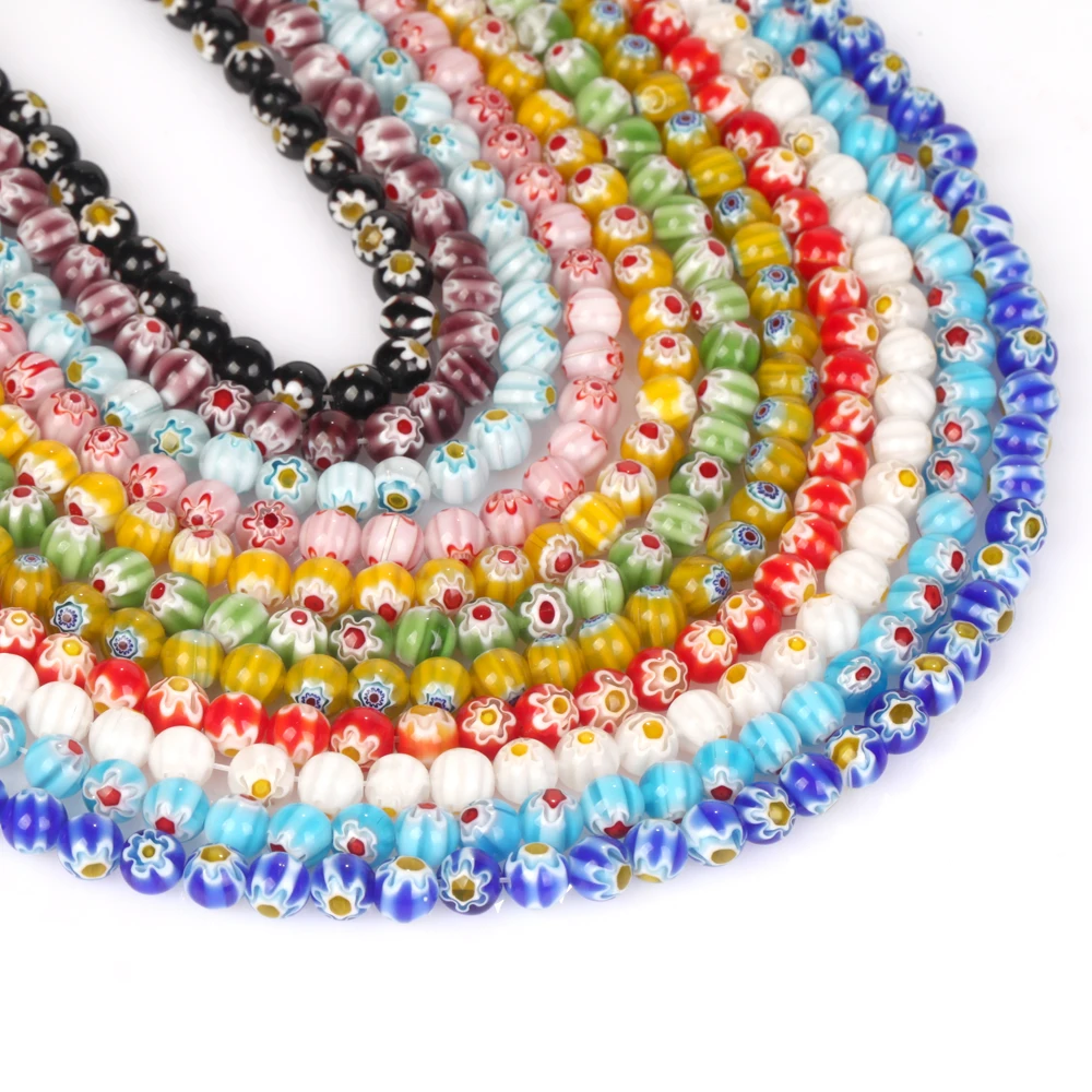 8mm Natural Colorful Glazed Lampwork Flower Patterns Round Spacer Loose Beads Crafts for DIY Jewelry Making Bracelet Necklace