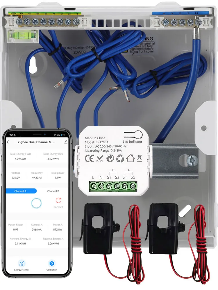 Intelligenter bidirektionaler ZigBee-Energiezähler mit 80A-Klemmstromsensor, App zur Fernüberwachung der erzeugten und verbrauchten Energie, AC100V/240V, kompatibel mit Tuya und Smart Life App.