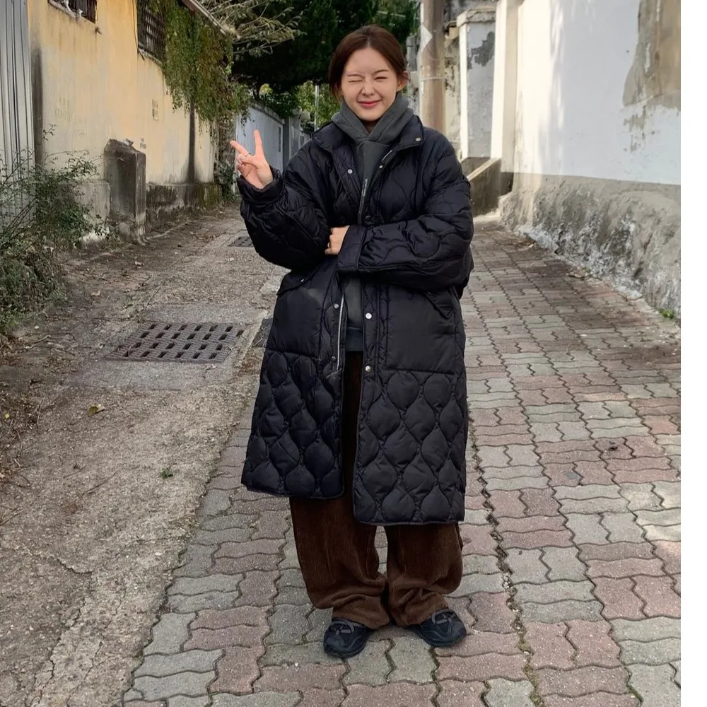 시크한 한국 스타일 중간 길이 무릎 위까지 오는 면 재킷 여성 겨울 신상 패션 롱 코튼 코트 엘레 감성