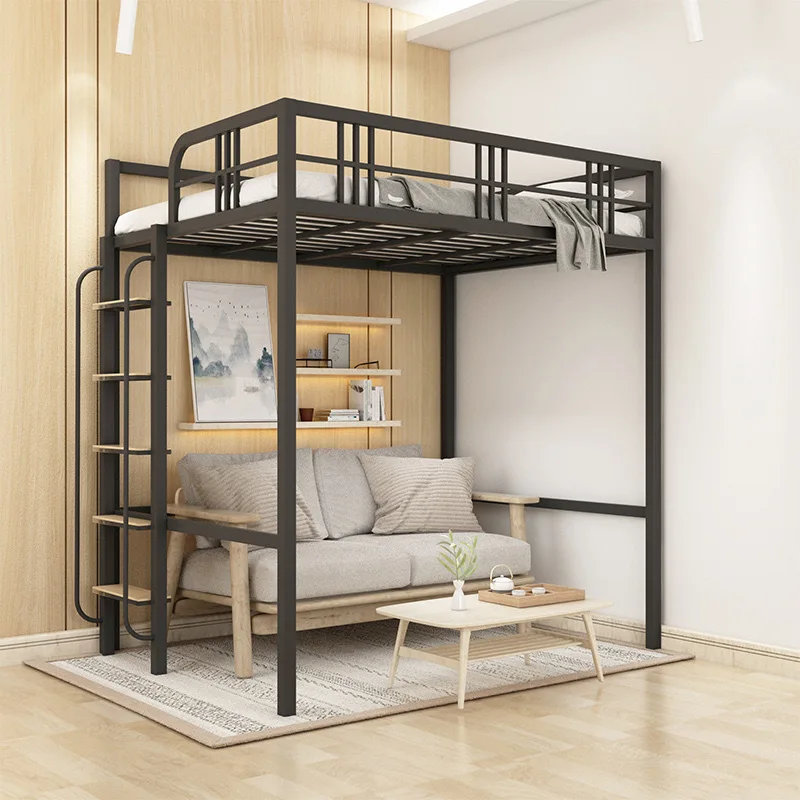 Wrought iron elevated bed empty children student small apartment building space saving double loft bed